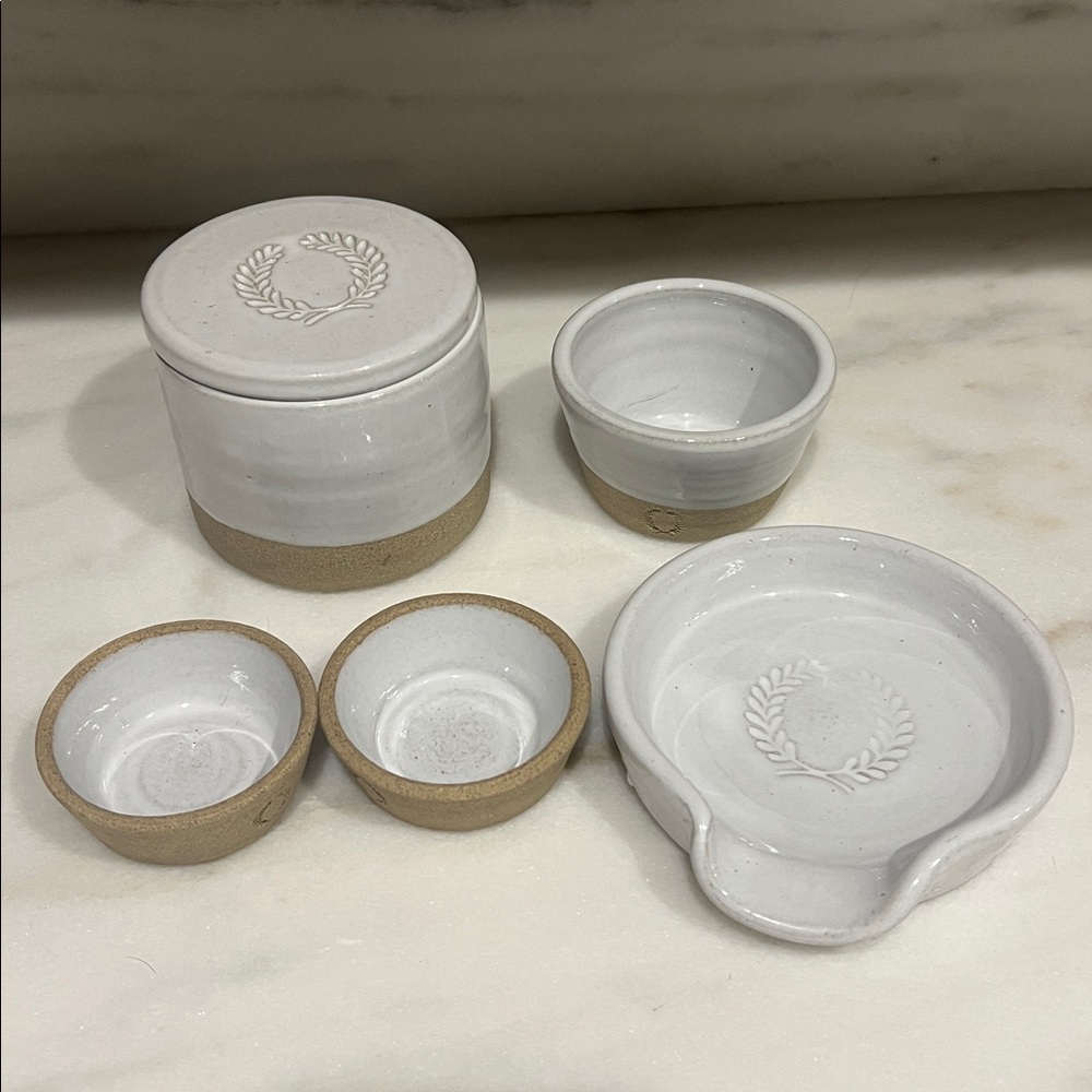 Farmhouse Pottery Vermont butter keeper, spoon rest and small bowls